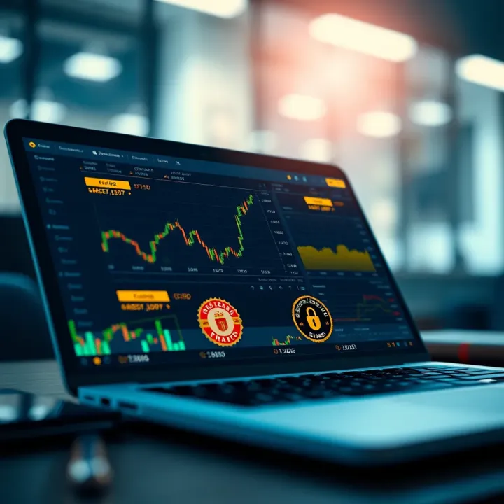 Illustration of a secure online trading platform with regulatory badges