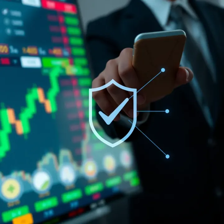 Illustration of secure trading practices with shield and checkmark symbols