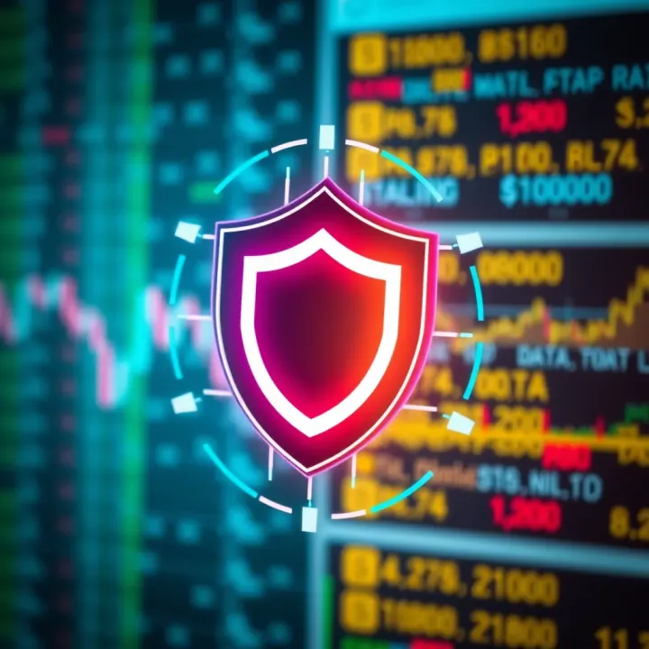 Illustration of secure financial transactions with shield icon and digital data symbols