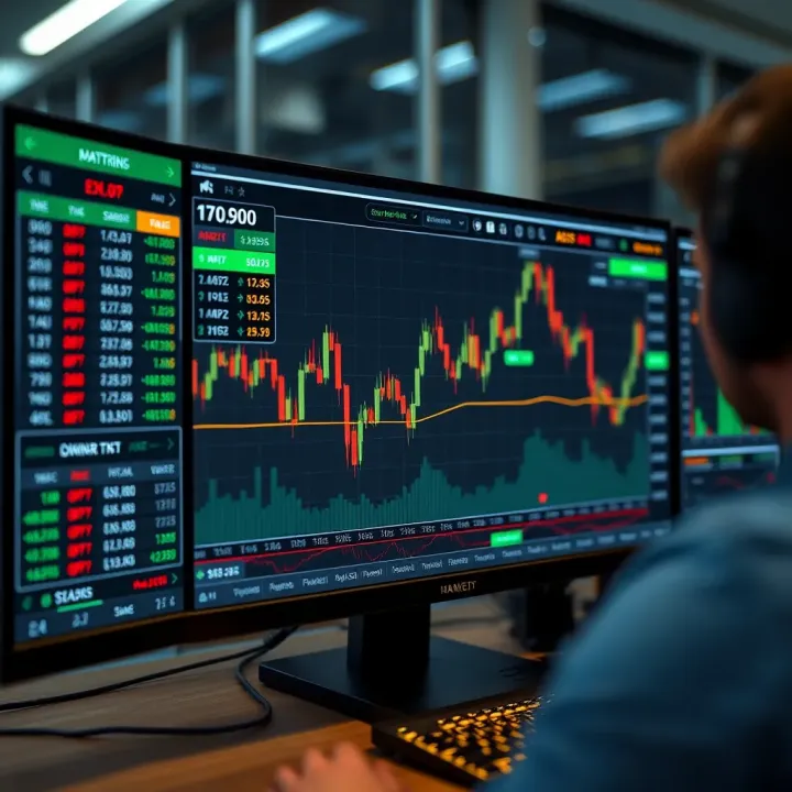User interface of a day trade simulator displaying market data and trading options
