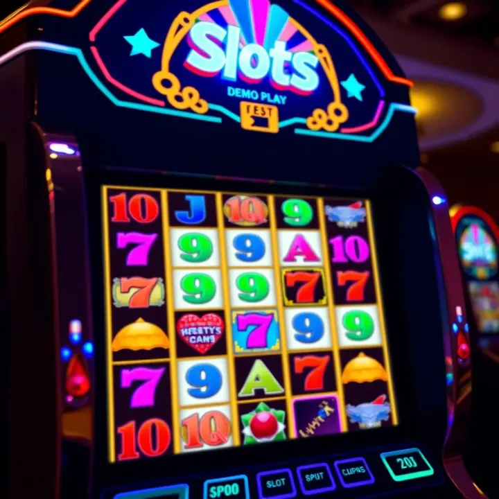 Colorful slot machine interface displaying various symbols and paylines with a glowing background