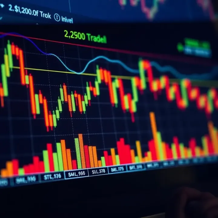 Graph showing binary options trading with candlestick patterns and fluctuating prices