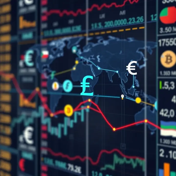 Illustration of global currency exchange rates with various currency symbols interconnected